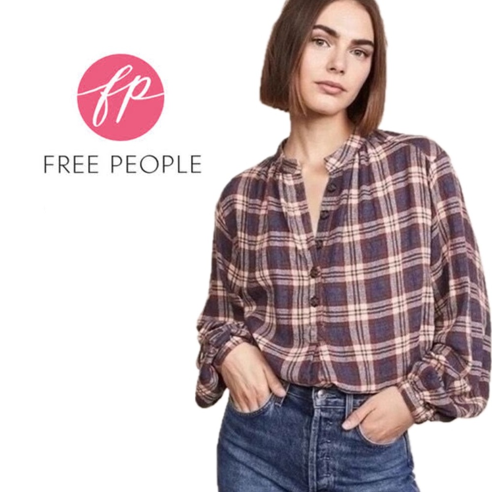 Free People Northern Bound Plaid blouson L/S Button Oversized Flannel Pullover M